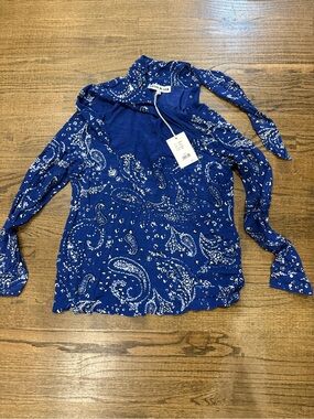 Royal Blue Paisley Tie-Neck Blouse